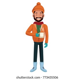 Young man with coffee cup winter cartoon
