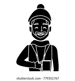 Young man with coffee cup winter cartoon