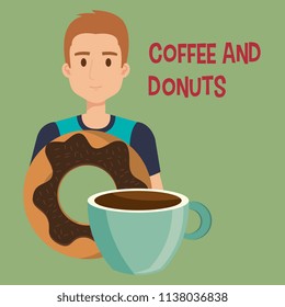 young man with coffee and donuts