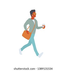 Young man with coffee in his hand on the go. Busy modern citizen with laptop bag going for work or class. Vector flat characters isolated on white background in EPS 10