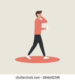 Young man with a coffee talking on the phone while walking. Male character in flat style. Minimalist vector concept illustration.