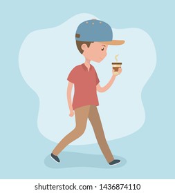 young man with coffee walking avatar character