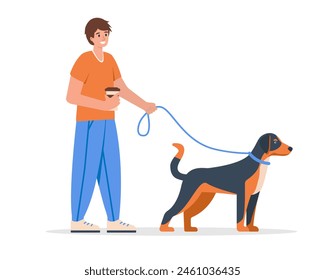 Young man with coffee walking with dog. Guy with cute dog on leash. Pet and owner spending time together and enjoy, healthy lifestyle concept. Vector flat illustration isolated on white background.