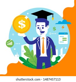 young man with a coin in his hands. getting higher education. successful career. flat vector illustration.