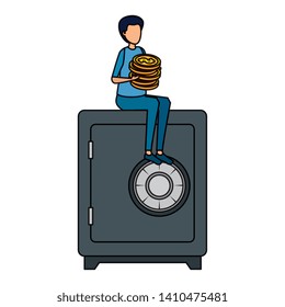 young man with coins seated in safe box