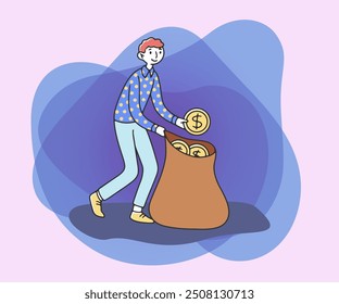 Young man collecting money in sack flat vector illustration. Male cartoon character getting revenue from financial investment. Financial wealth and prosperity concept