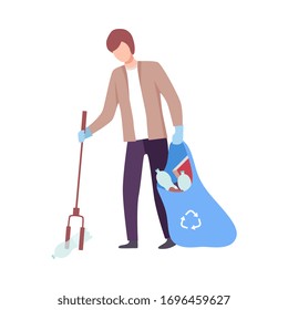 Joven recolectando basura en bolsa de plástico con herramienta ecológica, voluntario masculino recogiendo basura en el exterior e ilustración de vectores