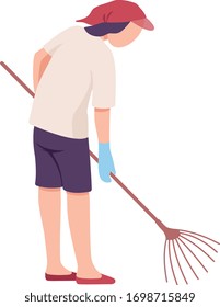 Young Man Collecting Trash on the Beach with Rakes, Male Volunteer Picking Garbage Outdoors Vector Illustration