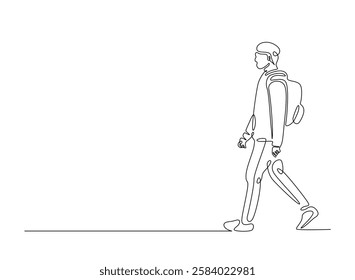 Young man from college or university with backpack in continuous one line drawing. Backpacker and student concept line draw. Editable vector.