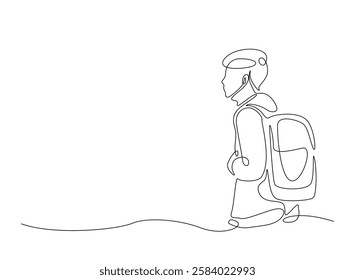 Young man from college or university with backpack in continuous one line drawing. Backpacker and student concept line draw. Editable vector.