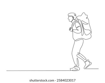 Young man from college or university with backpack in continuous one line drawing. Backpacker and student concept line draw. Editable vector.