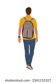 Young man, college, university student walking rear view with backpack. Male cartoon Character Wearing street fashion casual outfit. Flat vector realistic illustration Isolated on White Background