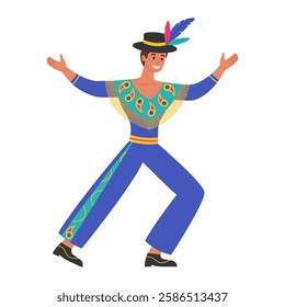 Young man in colorful costume and hat with feathers dancing. Brazil carnival character. Samba dancer. Traditional festival in Rio de Janeiro. Vector flat illustration isolated on white background