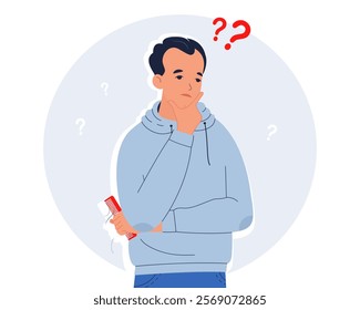 Young man with comb in hand. Man is upset because of hair loss. Hair loss concept. Flat vector illustration