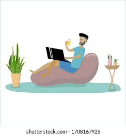 Young man in comfortable armchair and working on laptop at home.Cartoon Flat Vector Illustration.