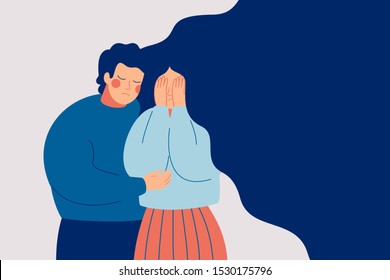Young man comforting her crying best friend. Depressed woman covering face with hands and her husband consoling and care about her. Help and support concept. Hand drawn style vector illustration