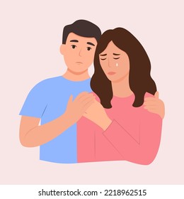 Young man comforting her crying best friend. Husband consoling and care about sad, depressed wife. Help and support concept. Friendly family relationship.Vector illustration