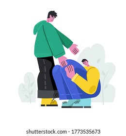 Un joven consuela a un hombre triste, ayudándole. El concepto de empatía. Ilustración de material vectorial. Diseño plano. Aislado sobre un fondo blanco.