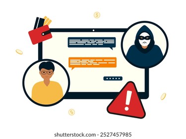 Young man communicated to Online Scams. Telephone frauds. Concept of cyber crime, data hacking, theft. Vector flat illustration isolated on white background.