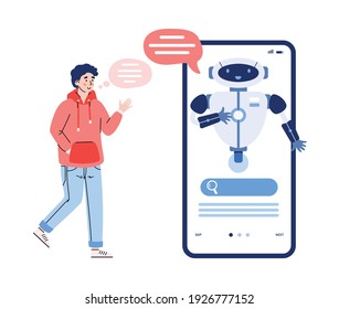 Young man communicates with chatbot robot via mobile phone, cartoon vector illustration isolated on white background. Mobile chat for clients support.