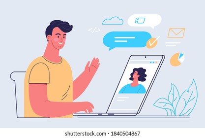 Young man communicating online using internet video conference 