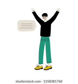 Young Man Communicating with Speech Bubble Flat Vector Illustration