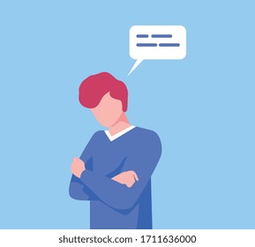 Young Man Communicating with Speech Bubble, Man Standing with Folded Hands, Social Networking, Virtual Relationships Flat Vector Illustration