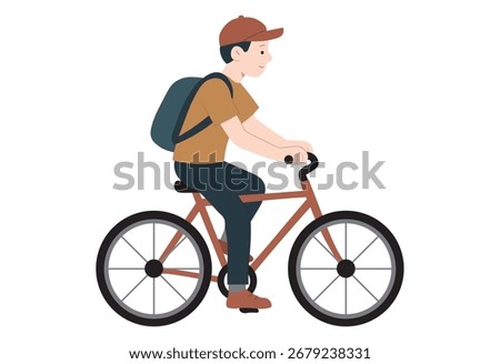 Young man commuting by bicycle with backpack, safe cycling concept illustration for urban transportation, student lifestyle, healthy eco-friendly mobility, daily routine travel, outdoor activity, and 