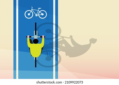 Young man commuting to work by bicycle Traffic in the city provides a route for bicycles for people to travel. Flat vector illustration design