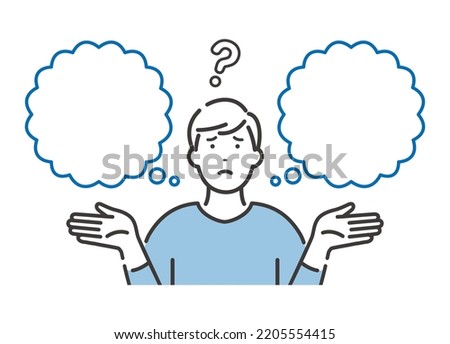 Young man comparing and proposing. blank speech bubble.