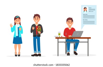 Young Man Completing Profile on Dating Site and Meeting with Woman Vector Illustration Set