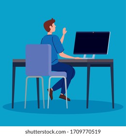 young man with computer in desk vector illustration design
