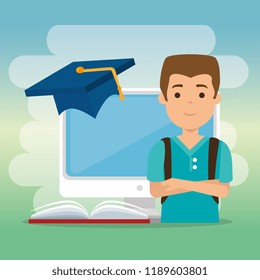 young man with computer education online
