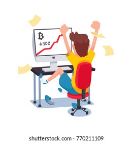 Young Man at the Computer Enjoys Rapid Growth of the Bitcoin. Cartoon Style Flat Vector Illustration