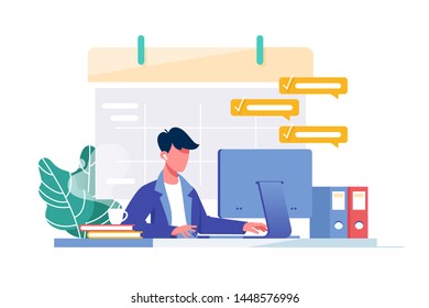 Young man with computer fills schedule calendar and complete business task for work. Concept male employee character doing plan on device at work. Vector illustration.