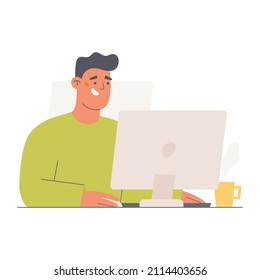 Young man with computer sitting at the desk. Working from home concept. Flat character vector illustration. 