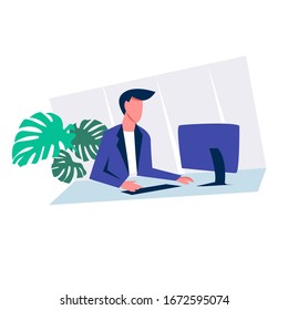 Young man with computer. Vector illustration.