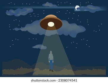 Young man confronts UFO - Vector illustration