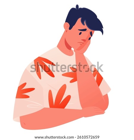 Young man confused by anxious thoughts. With tense face he thinking about something intently, his face reflects anxiety, sadness, confusion, fear. Concept of mental health, burnout, overload, fatigue.