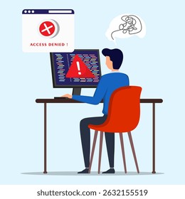 Jovem confuso e ansioso para olhar o acesso negado em seu computador. Crimes cibernéticos, ataques de hackers, phishing e fraudes em contas pessoais.