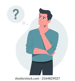 Young man confused, thinking about problem solutions, hand on chin. Unhappy puzzled expression, question marks, decision making, brainstorming, problem solving. Flat cartoon style vector illustration.