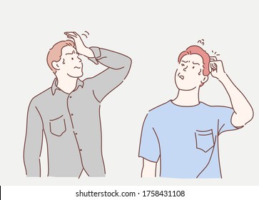 Young man confused and wonder about question. Uncertain with doubt, thinking with hand on head. Pensive concept. Hand drawn in thin line style, vector illustrations.