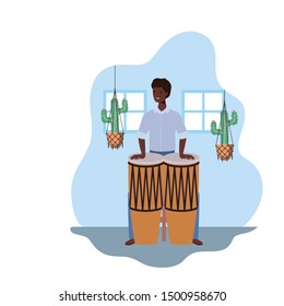 young man with congas and houseplants on macrame hangers of background