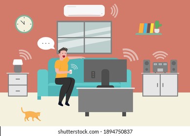 Young man connected to devices at home 2D flat vector concept for banner, website, illustration, landing page, flyer, etc