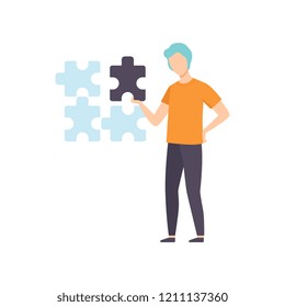 Young man connecting puzzle elements together, businessman having idea vector Illustration on a white background