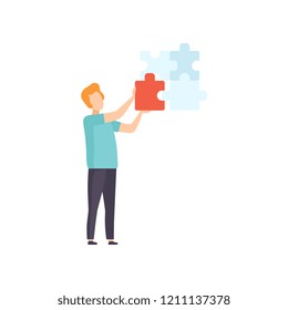 Young man connecting puzzle elements, man putting jigsaw puzzles together vector Illustration on a white background