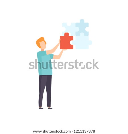 Young man connecting puzzle elements, man putting jigsaw puzzles together vector Illustration on a white background