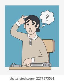 The young man considered the question. Vector color isolated illustration cartoon style.