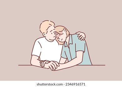 Joven consolando a una mujer triste en la sala de estar en casa.  Ilustraciones de diseño vectorial de estilo dibujado a mano.