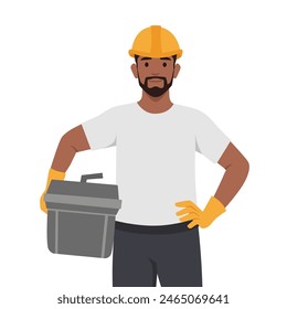 Joven trabajador de la construcción en casco y uniforme, hombre con herramientas y herramientas de bricolaje. Ilustración vectorial plana aislada sobre fondo blanco